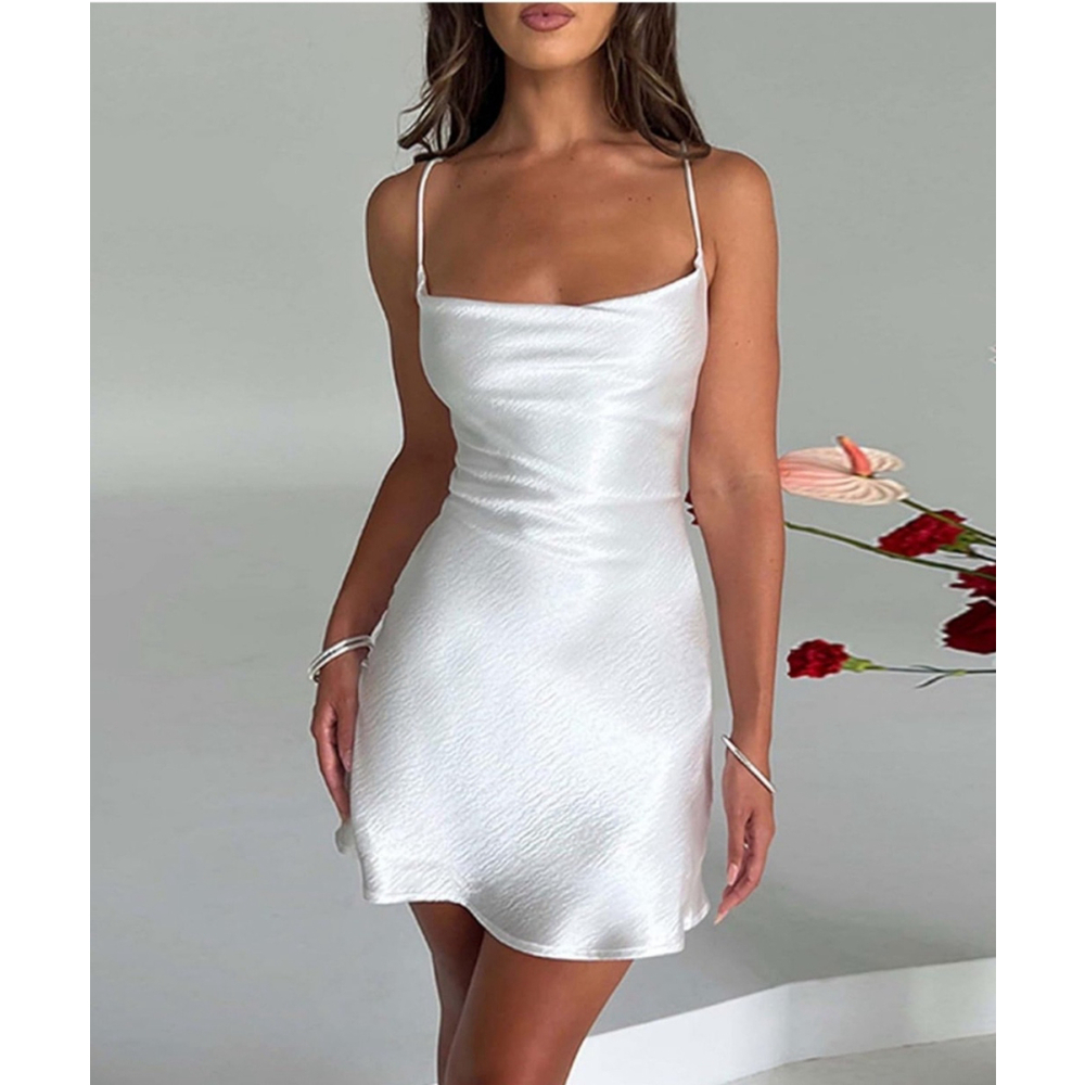 Women's Satin Mini Dress Sleeveless Cowl Neck A-Line Swing Party Lace Up Bandage